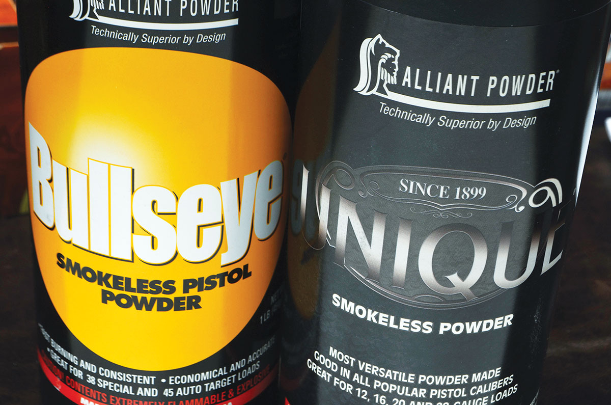 Bullseye and, even more importantly, Unique are our two oldest powders and still two of the most useful. Currently, alas, not available. Thank globalization and the outbreak of war in Europe.